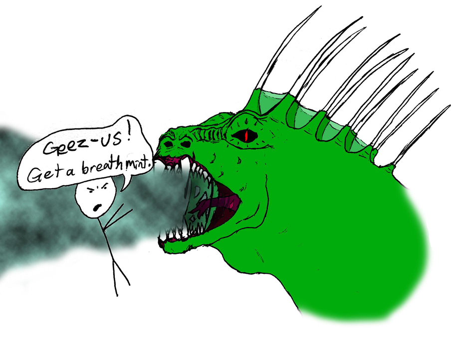 a large green dragon has smelly breathe