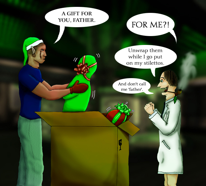 Vin Deezil gives Mel Scarlet a Christmas gift . . .